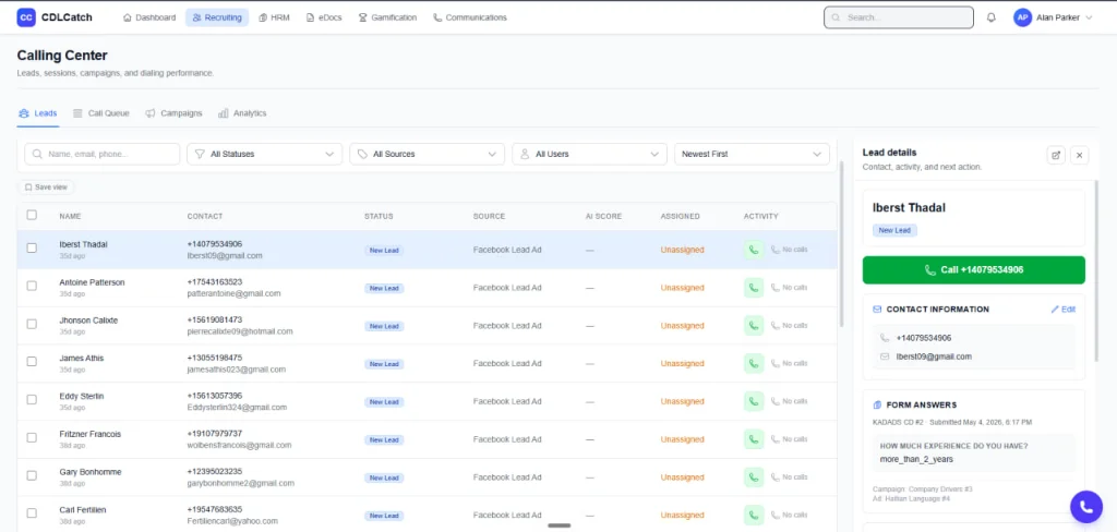 CDLCatch calling center with lead management, call queue, and recruiter outreach tracking for CDL drivers