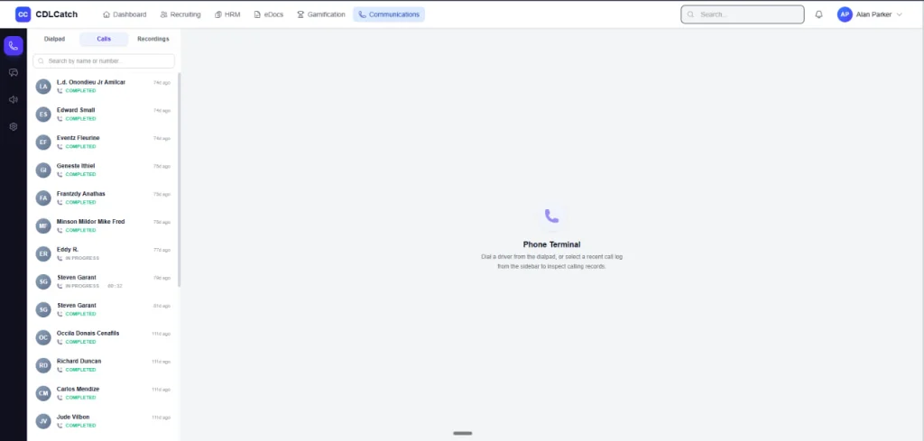 CDLCatch communications phone terminal with call history, recordings, and CDL driver recruiter dialer