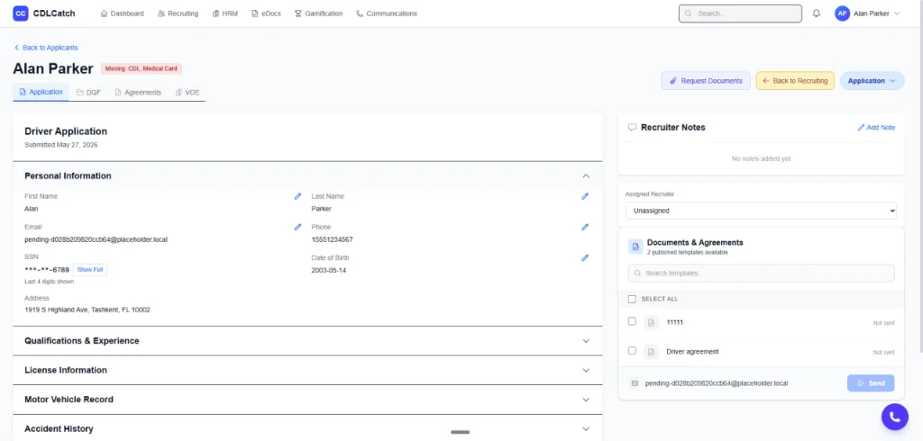 CDLCatch driver application detail with DQ-file tracking, recruiter notes, and document agreements for CDL compliance