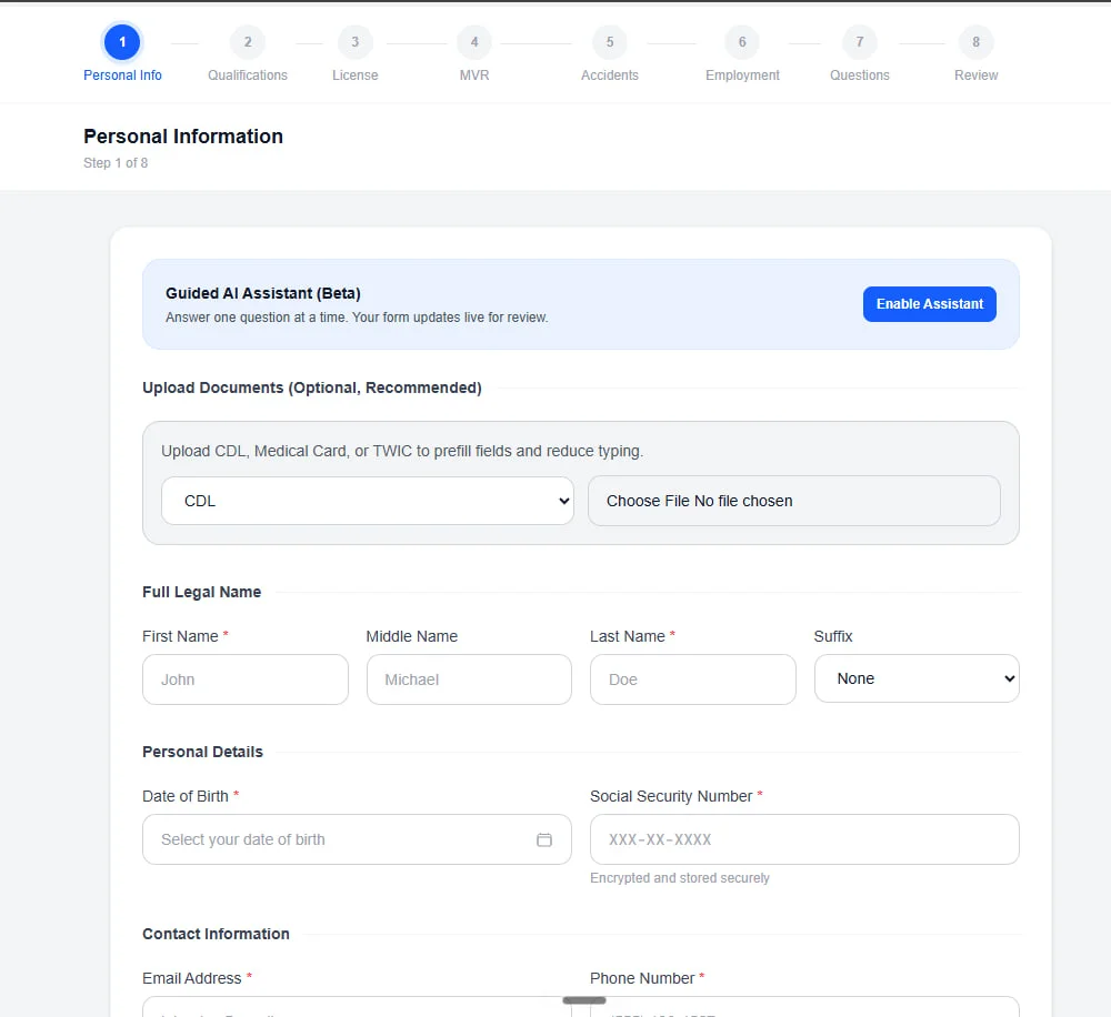 CDLCatch CDL driver application form with AI-guided assistant, document upload, and 8-step onboarding workflow