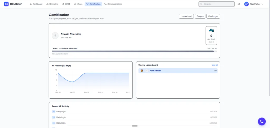 CDLCatch gamification system with recruiter XP tracking, weekly leaderboard, and performance badges
